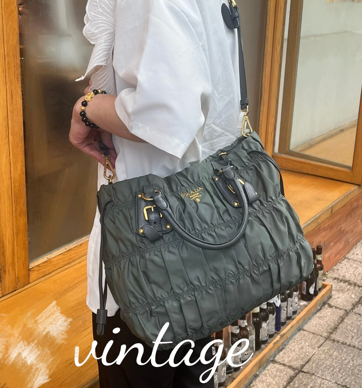 Prada - Gaufré Pleated Tote Bag - Polyamide with Leather trim - Military Green with Gold-Tone Hardware - (medium)