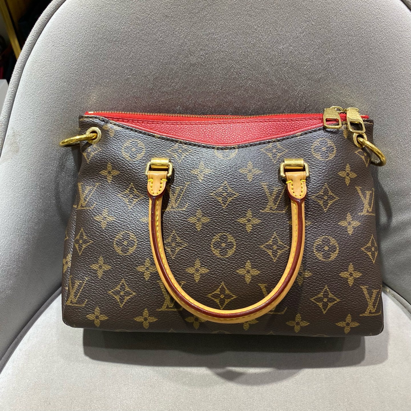 Louis Vuitton - Pallas Monogram - Monogram coated canvas with Vachetta leather trim and red leather lining - Brown with Red Accents - (Small)