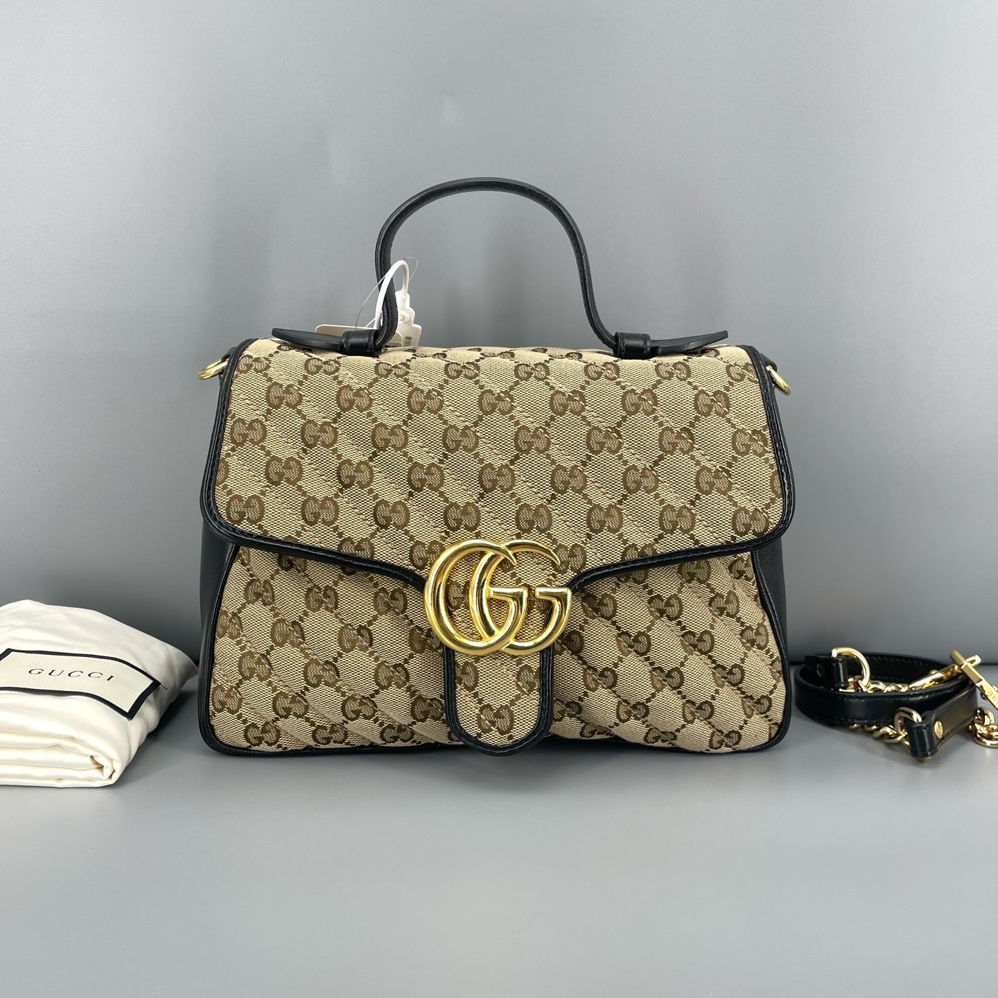 Gucci - GG Marmont Messenger Bag - GG Monogram Canvas and Leather - Beige and Black - (Medium)