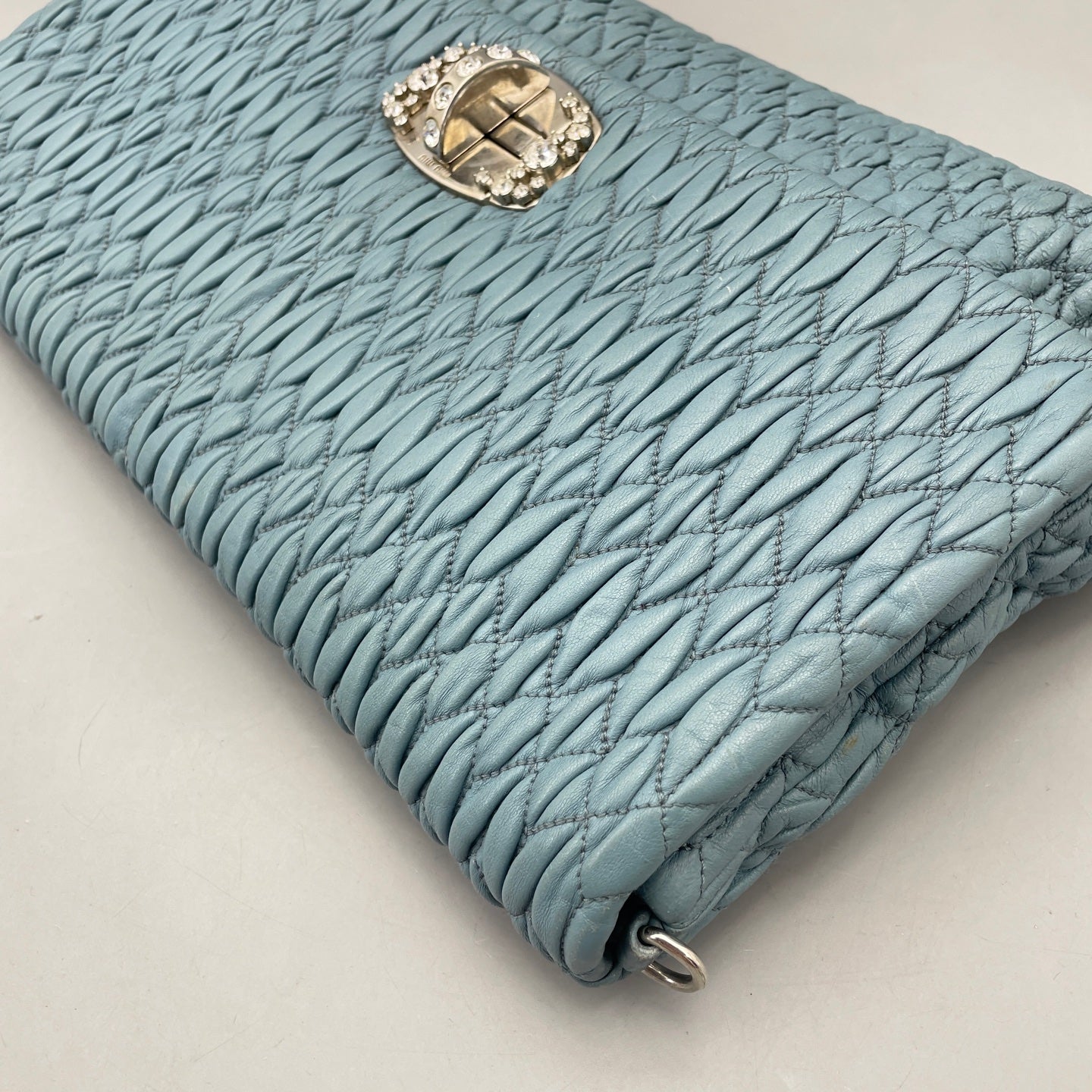 Miu Miu - Matelassé Gemstone Chain Pleated Bag - Leather - Blue - (medium)