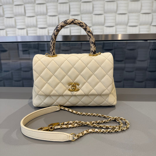 Chanel - Coco Handle - Caviar leather with exotic snakeskin handle - White - (Small)
