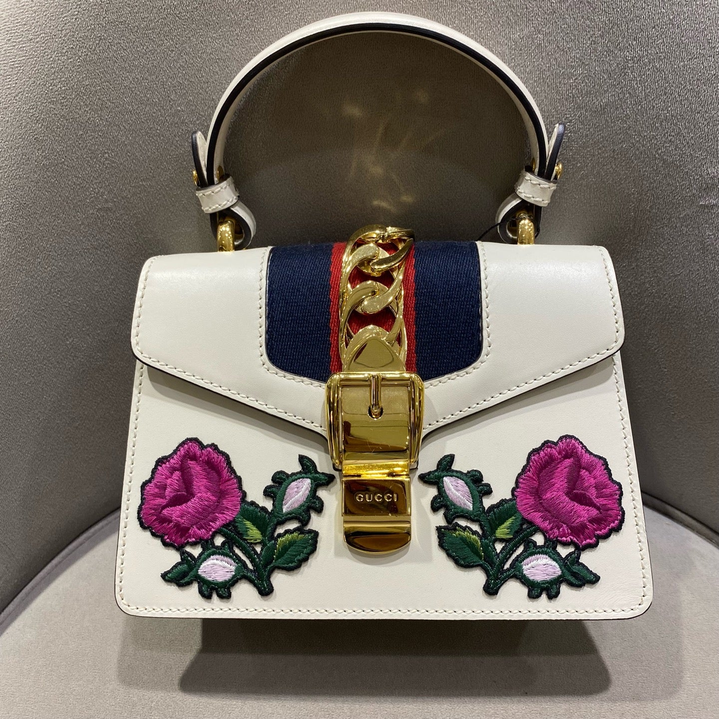 Gucci - Sylvie Small Floral Embroidered - Leather - White - (small)