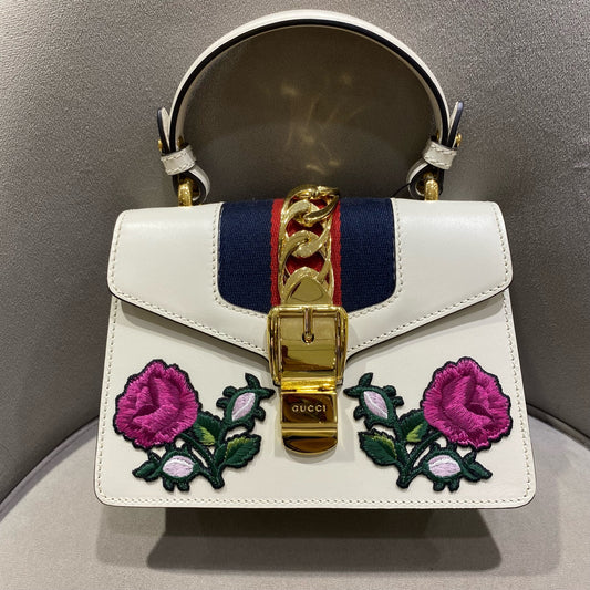 Gucci - Sylvie Small Floral Embroidered - Leather - White - (small)