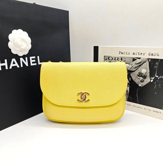 Chanel - Mini Chain Flap Bag - Grained calfskin leather - Yellow with Gold-Tone Hardware - (mini)