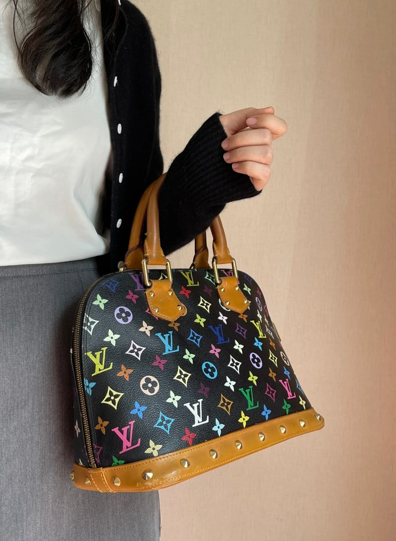 Louis Vuitton - Alma PM (Takashi Murakami Limited Edition Rivet) - Monogram Multicolore coated canvas with natural vachetta leather trim - Black - (medium)