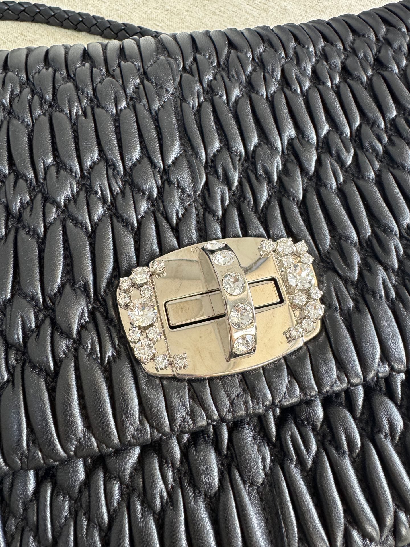 Miu Miu - Matelassé Crystal Chain Bag - Lambskin leather - Black - (Large)