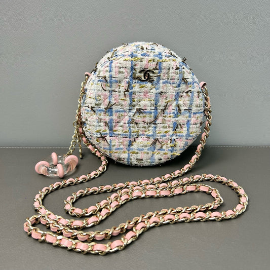 Chanel - Round Mini Chain Bag - Tweed with leather trim - Multicolour (White, Pink, Blue) with Pink accents - (mini)