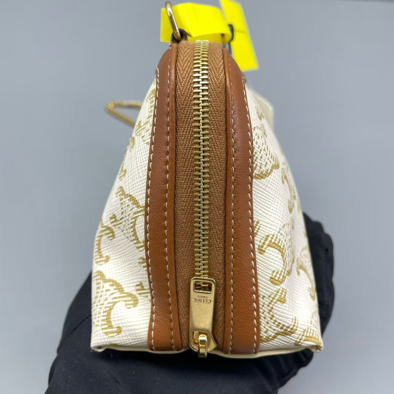 Celine - Triomphe Shell Bag - Triomphe Canvas with leather trim - White and Brown - (mini)