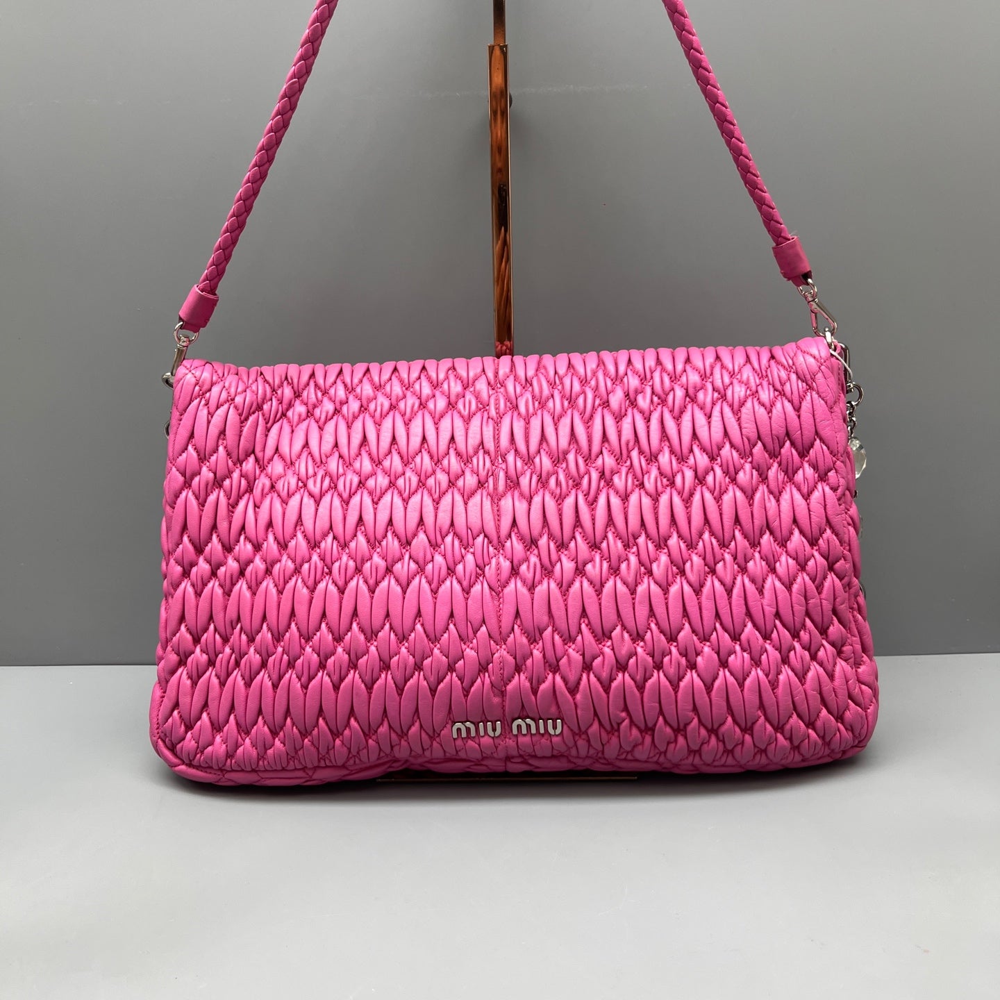 Miu Miu - Ruched Gemstone Chain Flap Shoulder Bag - Leather - Pink - (Medium)