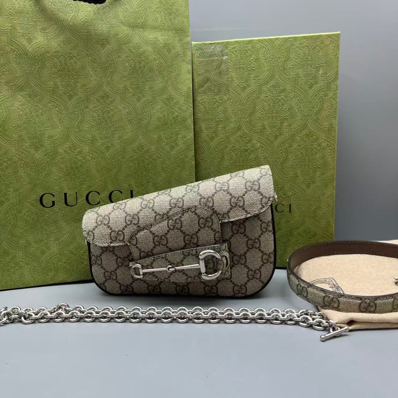 Gucci - Horsebit 1955 Chain Bag - GG Supreme canvas with leather trim - Beige - (mini)