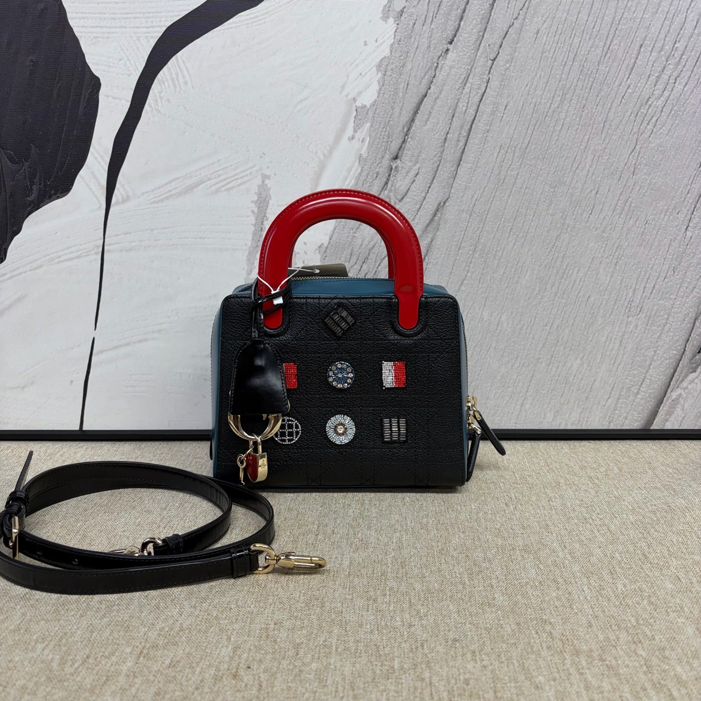 Dior - Lady Dior Mini Christmas Limited Edition Beaded Embroidered - Cowhide leather - Black with Blue side panels and Red handles - (Mini)