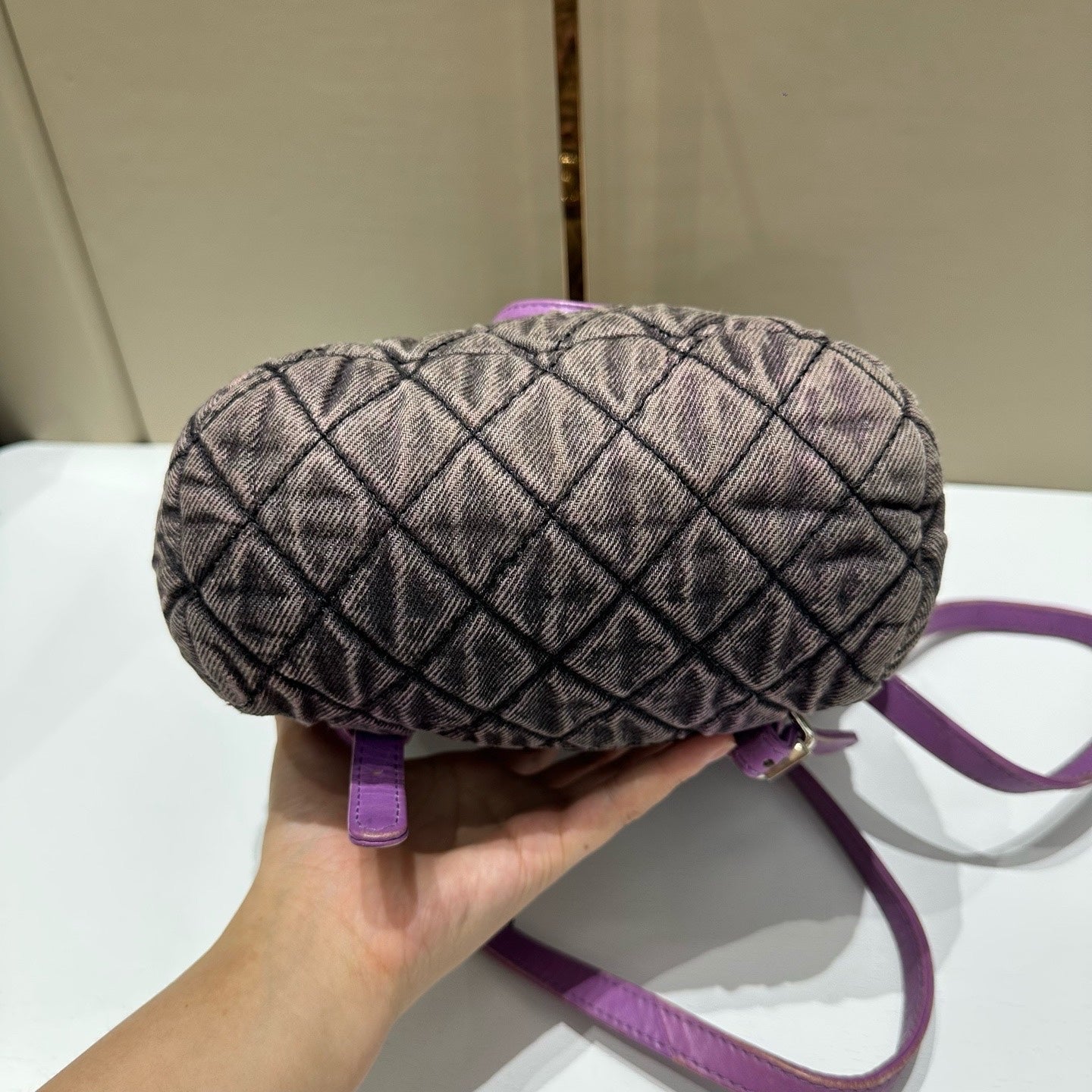 Chanel - Salzburg Washed Denim Drawstring Backpack - Denim with leather trim - Purple - (Small)