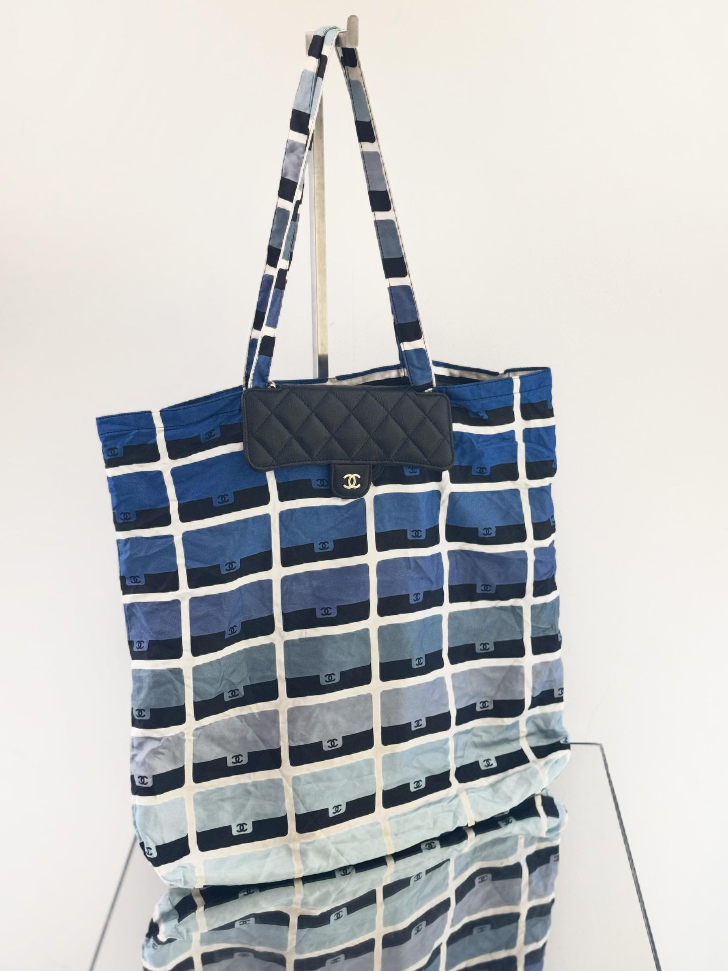 Chanel - 2-in-1 Folding Canvas Tote with Detachable Mini Flap Bag - Canvas and Grained Leather - Blue, White, and Black - (Large)
