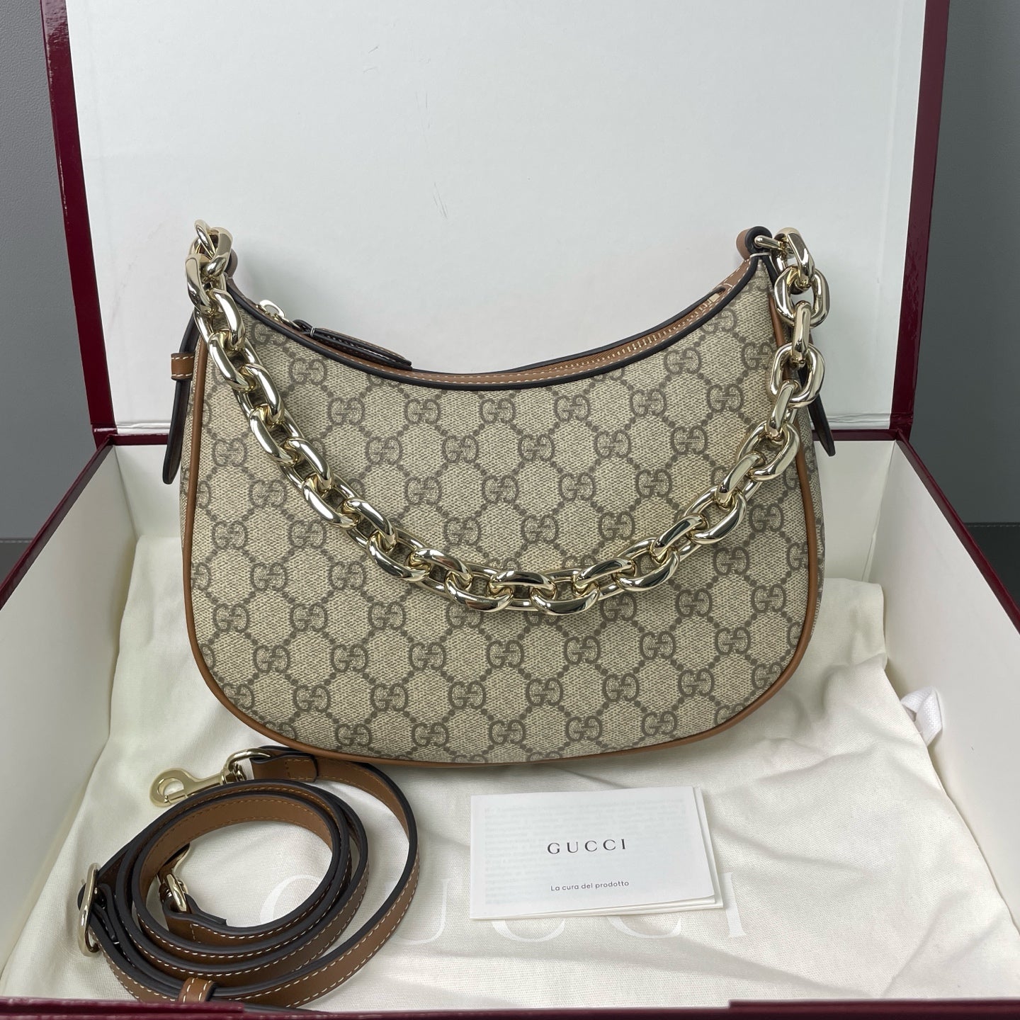 Gucci - Ophidia Chain Bag - GG monogram canvas with leather trim - Beige - (Medium)