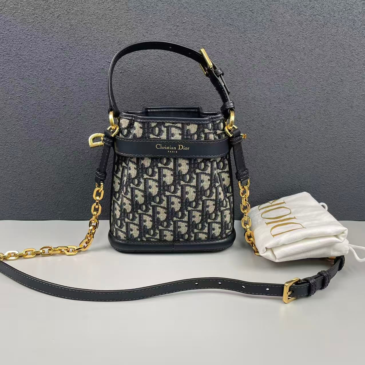 Dior - Dior C'est Oblique Bucket Bag - Oblique embroidered jacquard canvas with leather trim - Blue - (mini)
