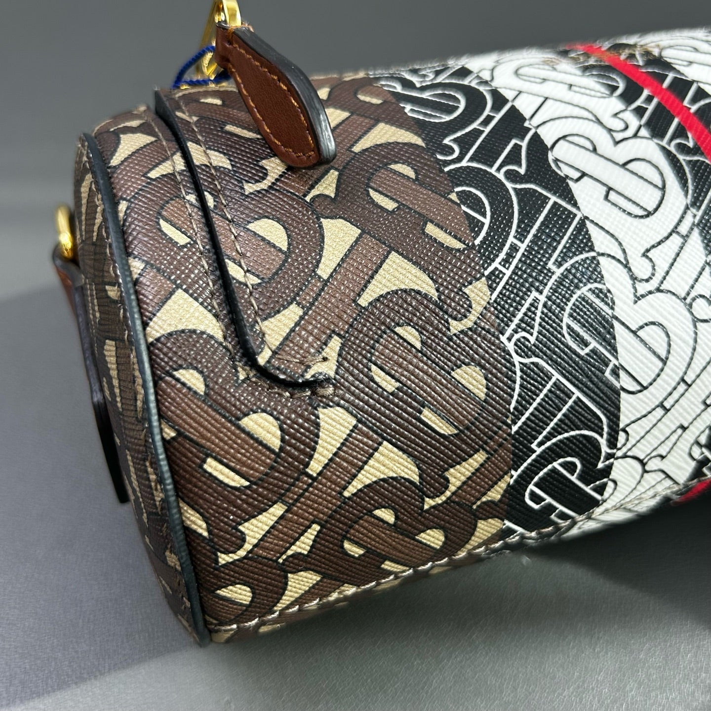 Burberry - TB Monogram Cylinder Bag - Coated Canvas with Leather Trim - Brown, Black, White, Red - (small)