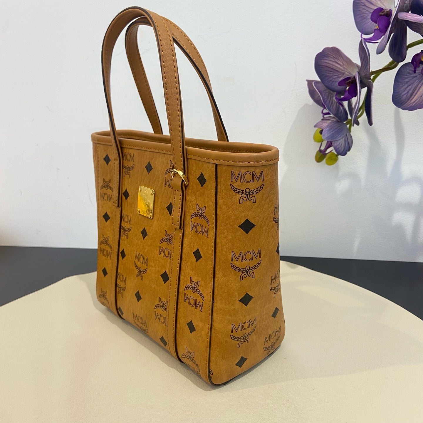 MCM - Visetos Mini Tote Bag - Coated canvas with leather trim - Cognac - (mini)