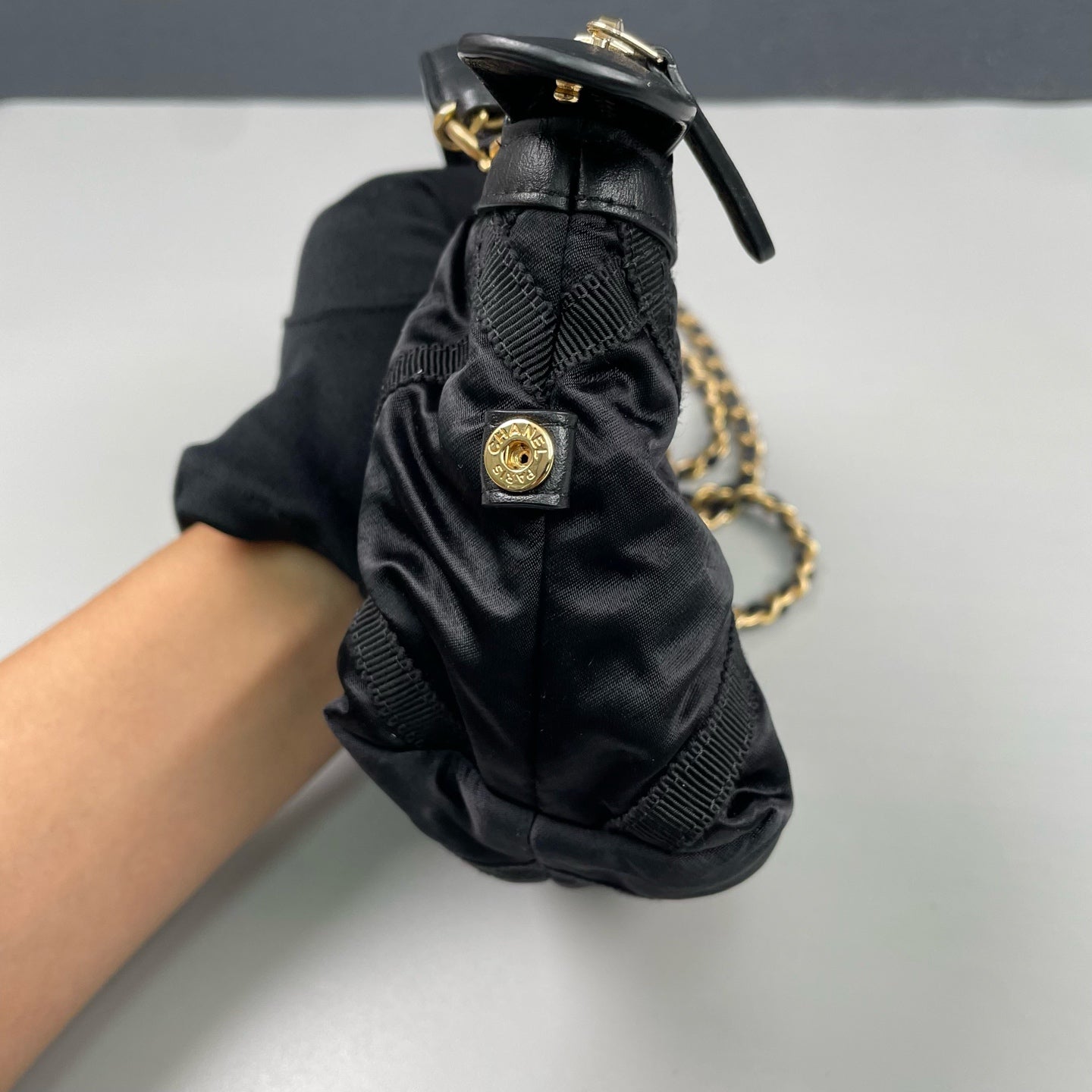 Chanel - Mini Top Handle Crossbody Pouch Bag - Satin with leather trim - Black with Gold-Tone Hardware - (Mini)