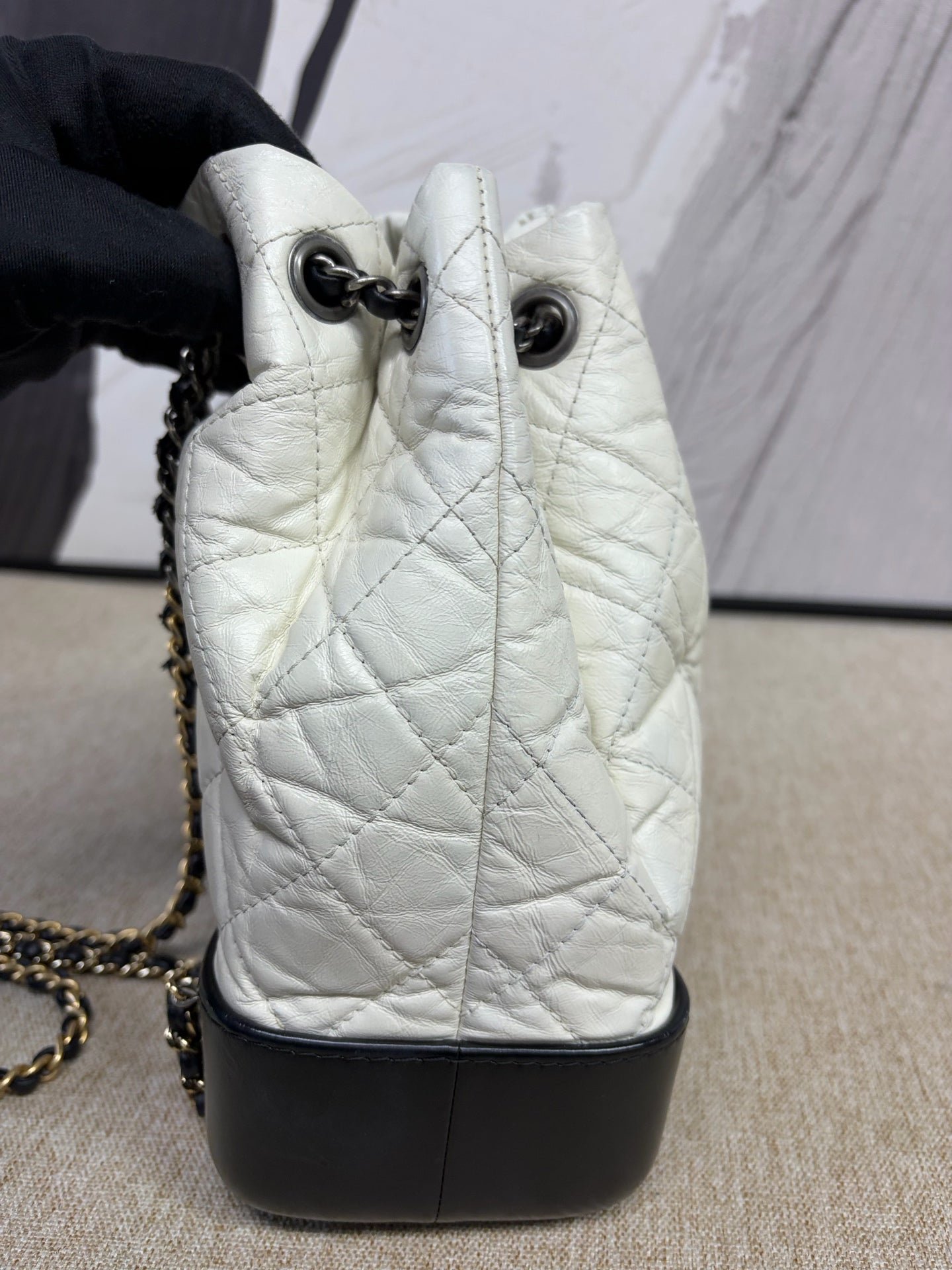 Chanel - Gabrielle Backpack - Distressed calfskin and smooth calfskin - Black and White with Silver-Tone Hardware - (Small)