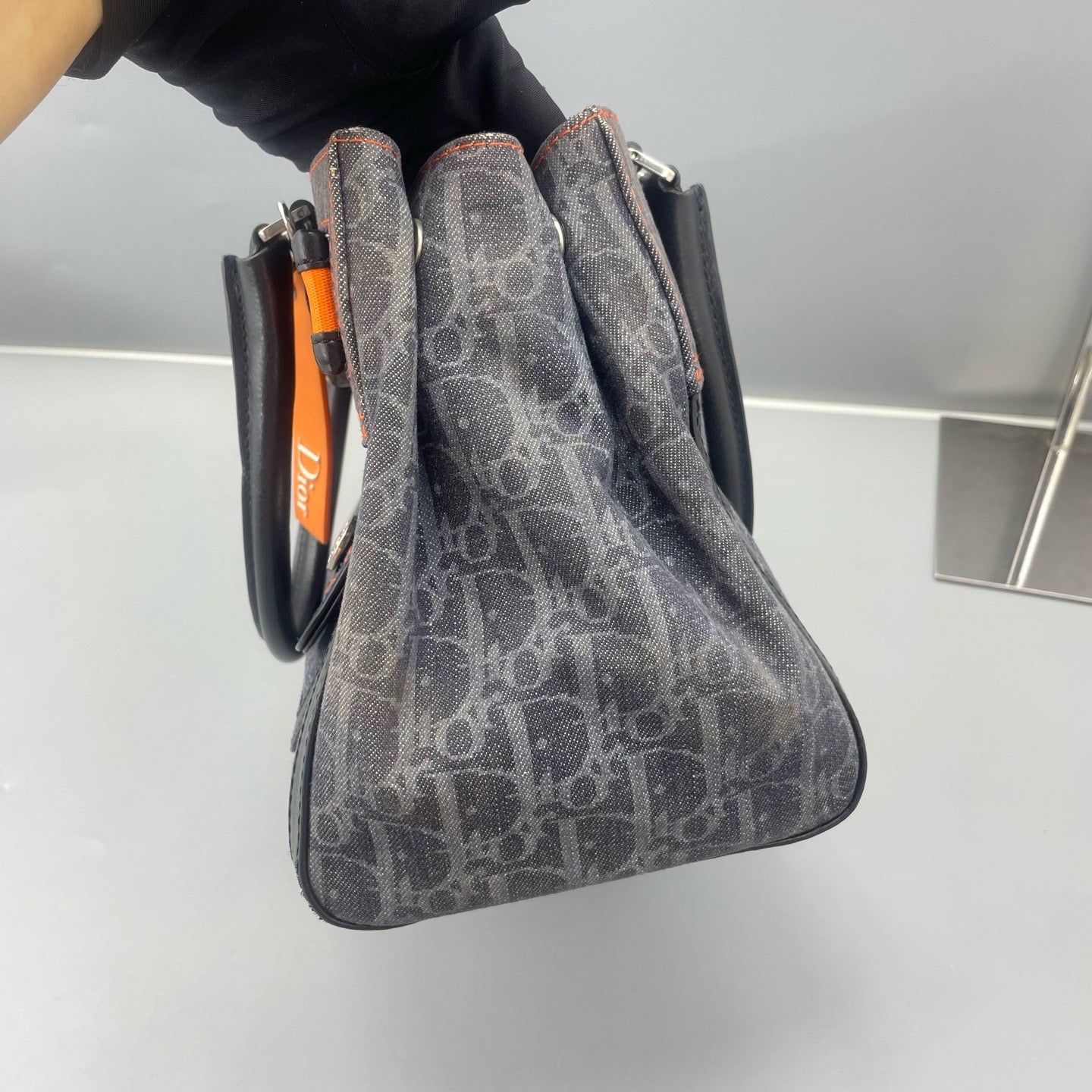 Dior - Vintage D-Ring Tote Bag - Denim and Leather - Washed Blue-Grey Denim with Black Leather and Orange Accents - (medium)