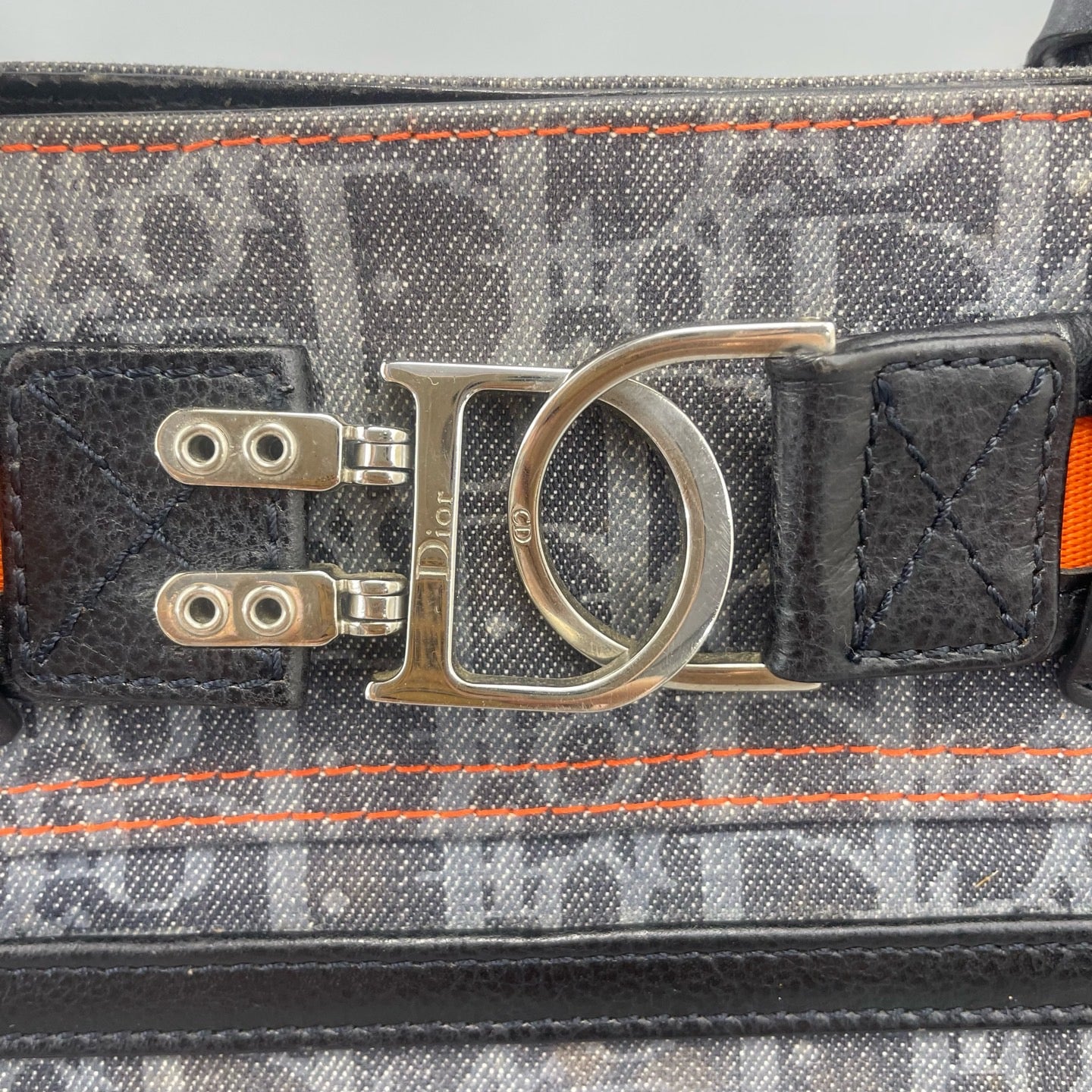 Dior - Vintage D-Ring Tote Bag - Denim and Leather - Washed Blue-Grey Denim with Black Leather and Orange Accents - (medium)