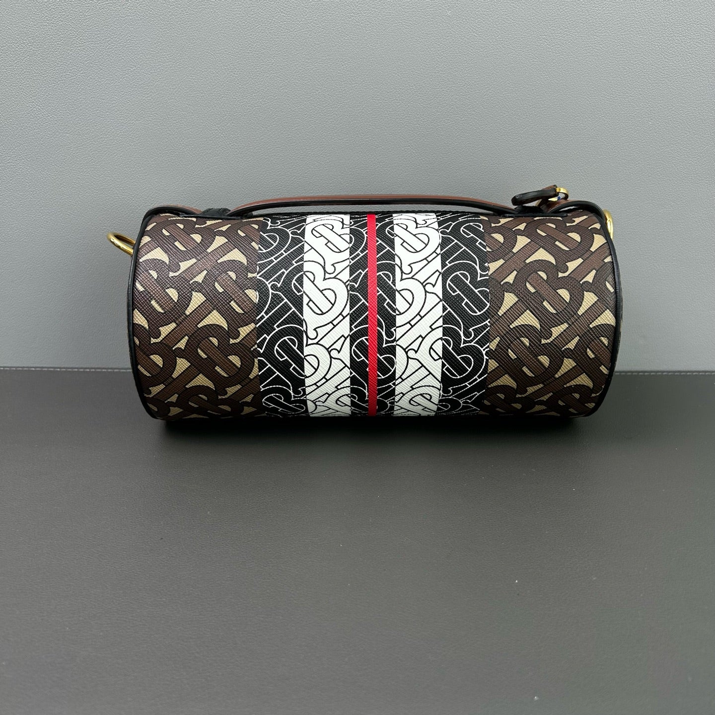Burberry - TB Monogram Cylinder Bag - Coated Canvas with Leather Trim - Brown, Black, White, Red - (small)