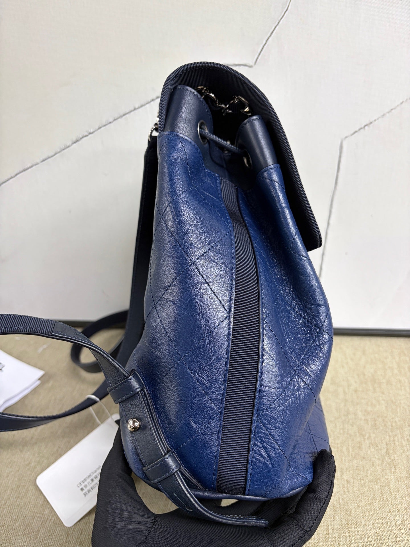 Chanel - Quilted Drawstring Backpack - Waxed calfskin leather - Blue - (Small)