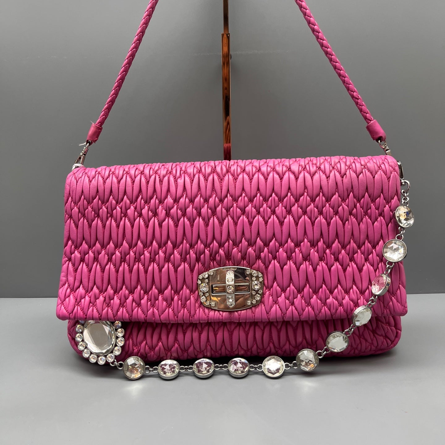 Miu Miu - Ruched Gemstone Chain Flap Shoulder Bag - Leather - Pink - (Medium)