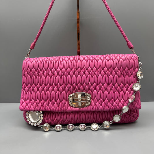 Miu Miu - Ruched Gemstone Chain Flap Shoulder Bag - Leather - Pink - (Medium)
