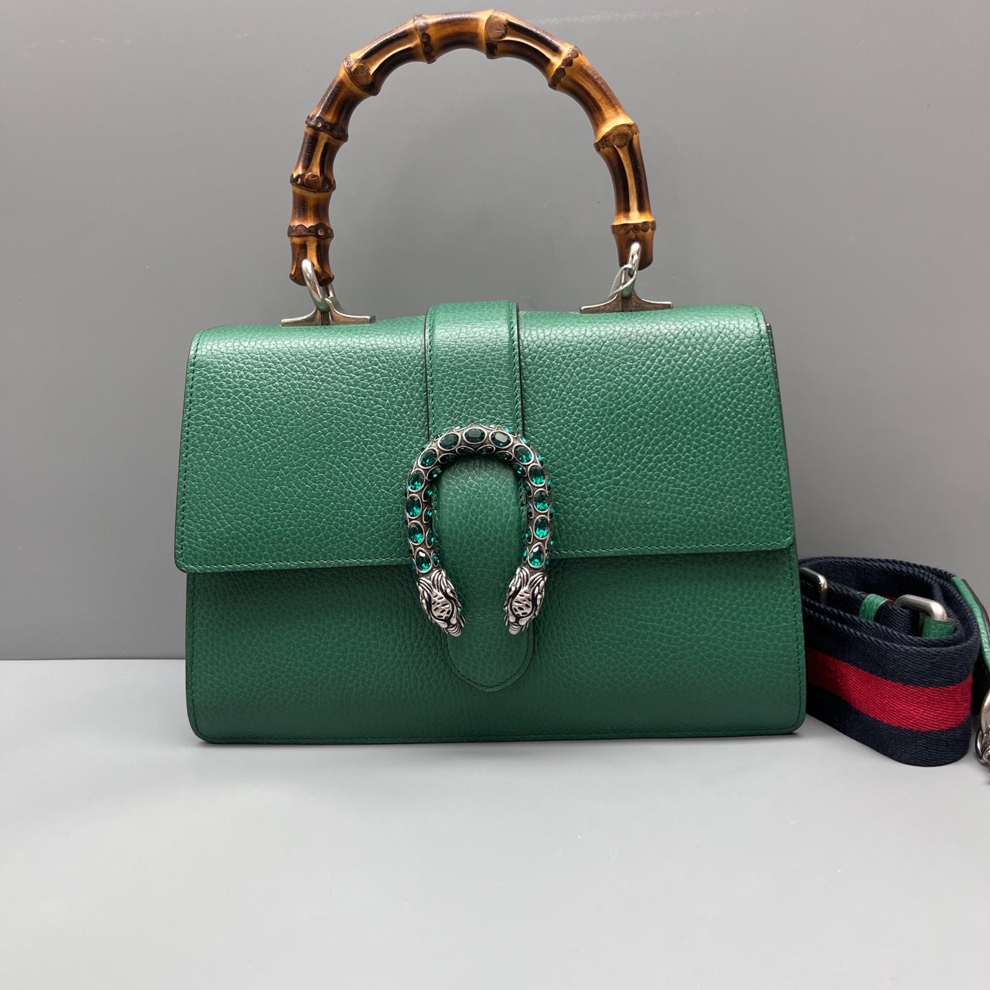 Gucci - Dionysus Bamboo Top Handle with Crystal Buckle - Pebbled leather - Emerald Green with Antiqued Silver-Tone Hardware - (Medium)