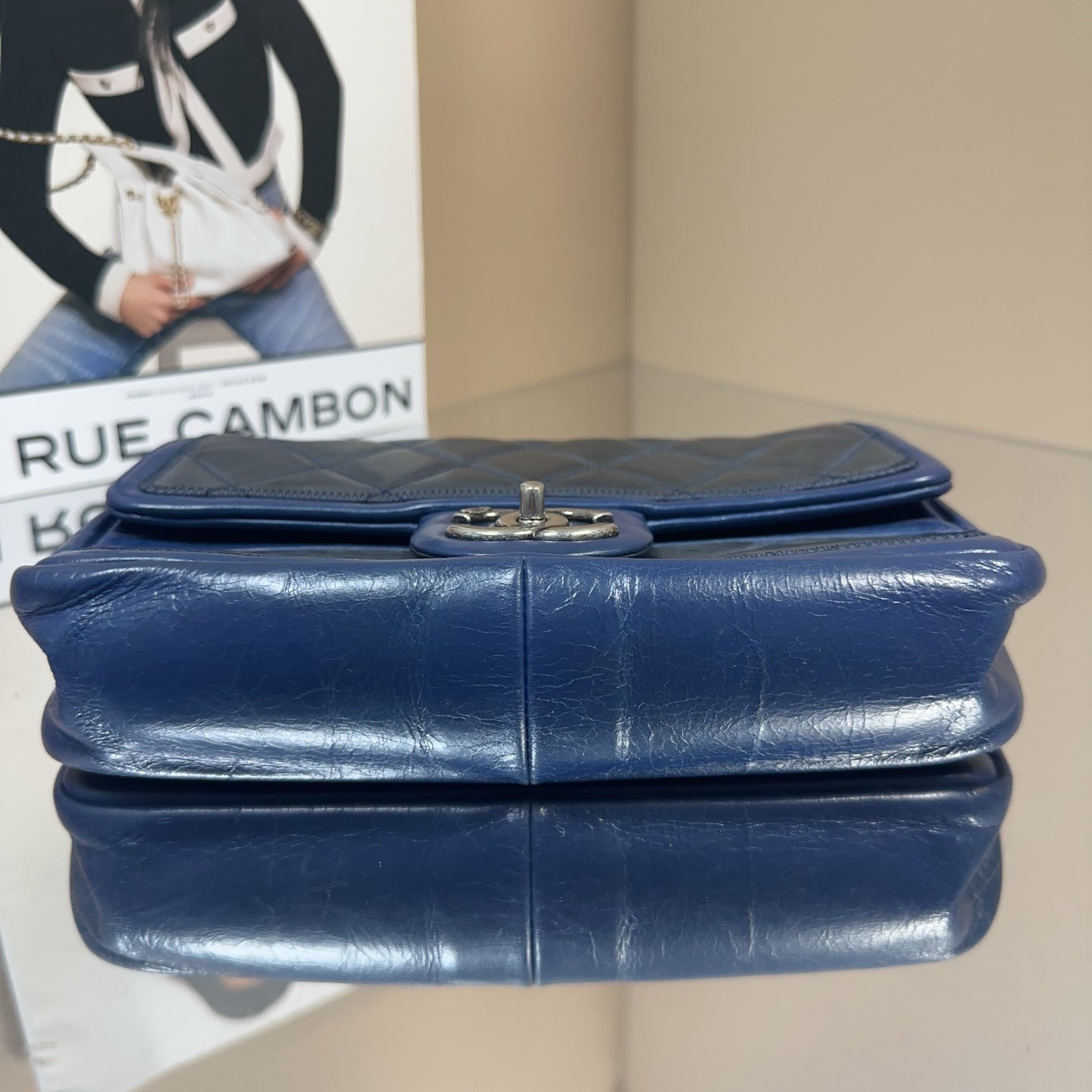 Chanel - Seasonal Flap Bag - Cowhide leather with textile panels - Dark Blue and Grey color-block with silver-tone hardware - (Small)