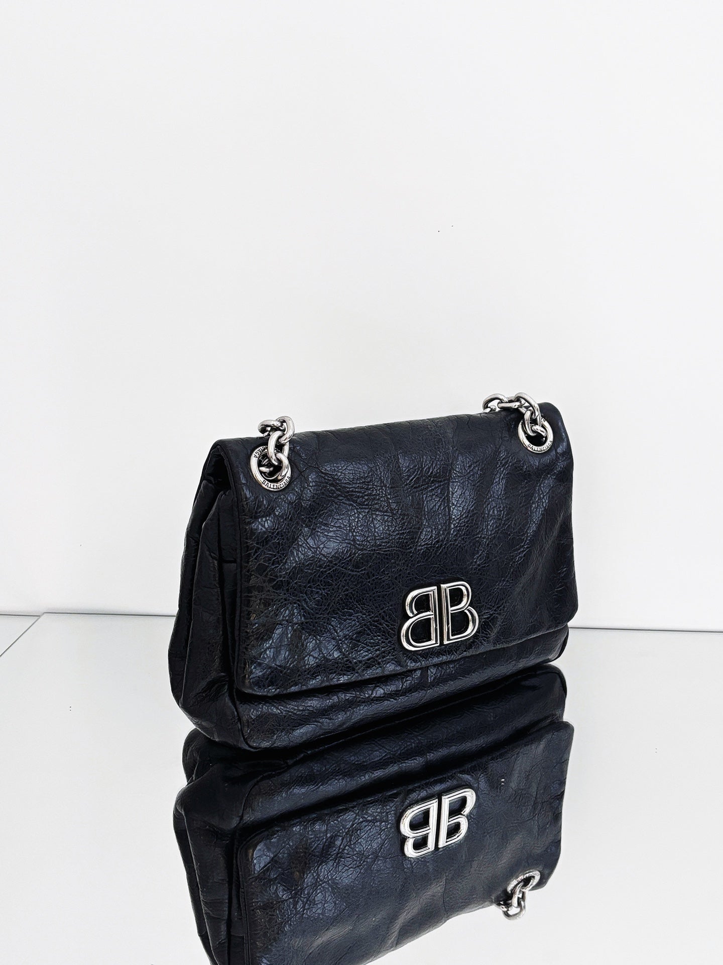 Balenciaga - Monaco BB Flap Bag - Grained calfskin leather - Black - (mini)