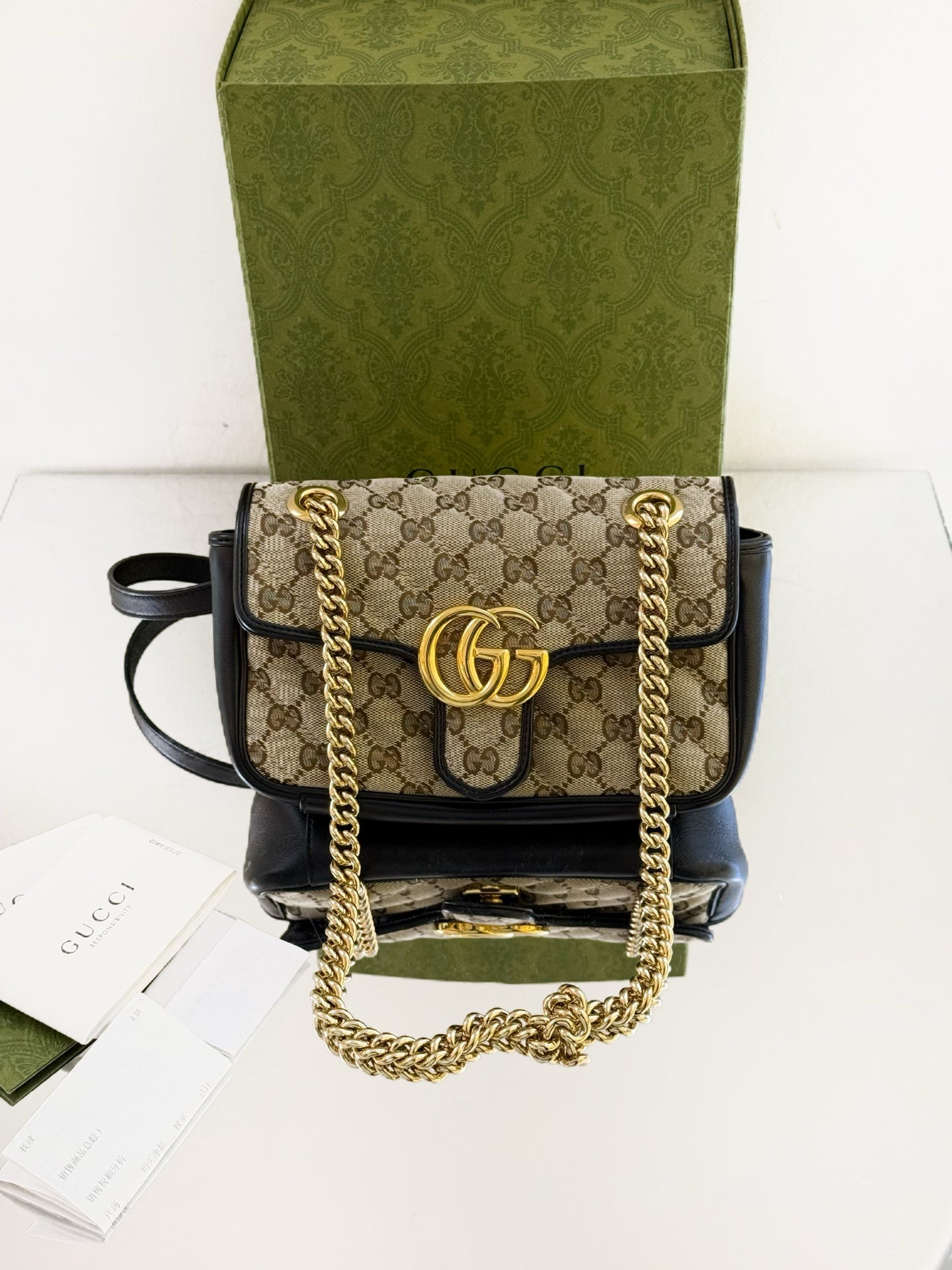 Gucci - GG Marmont 22 - Canvas with leather trim - Beige and Black with Gold-Tone Hardware - (mini)