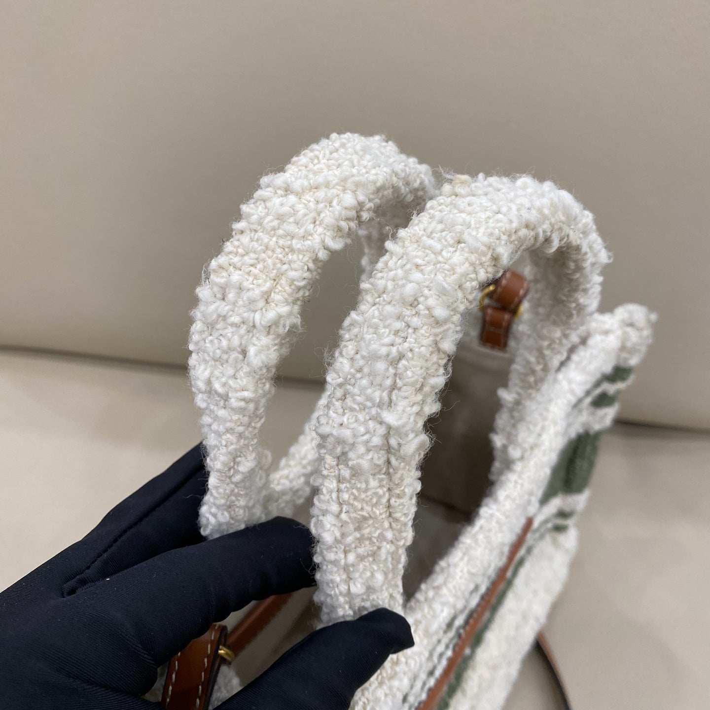 Celine - Triomphe Striped Small Tote Bag - Textured bouclé fabric and leather - White and Green - (small)