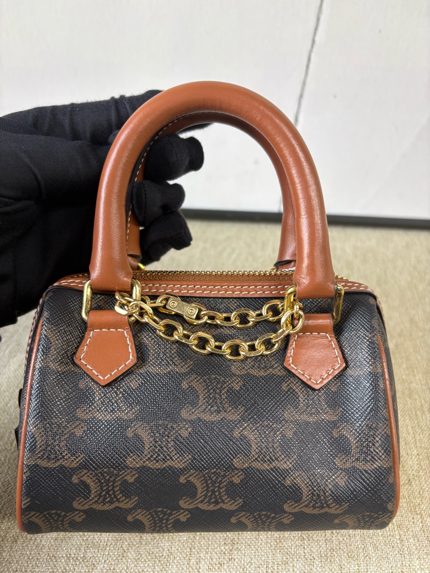 Celine - Triomphe Mini Boston Bag - Triomphe coated canvas with calfskin leather trim - Brown - (mini)