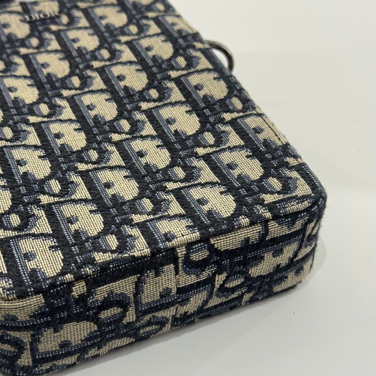 Dior - Oblique Canvas Vertical Phone Pouch - Canvas and Leather - Blue and Beige with Black trim - (mini)