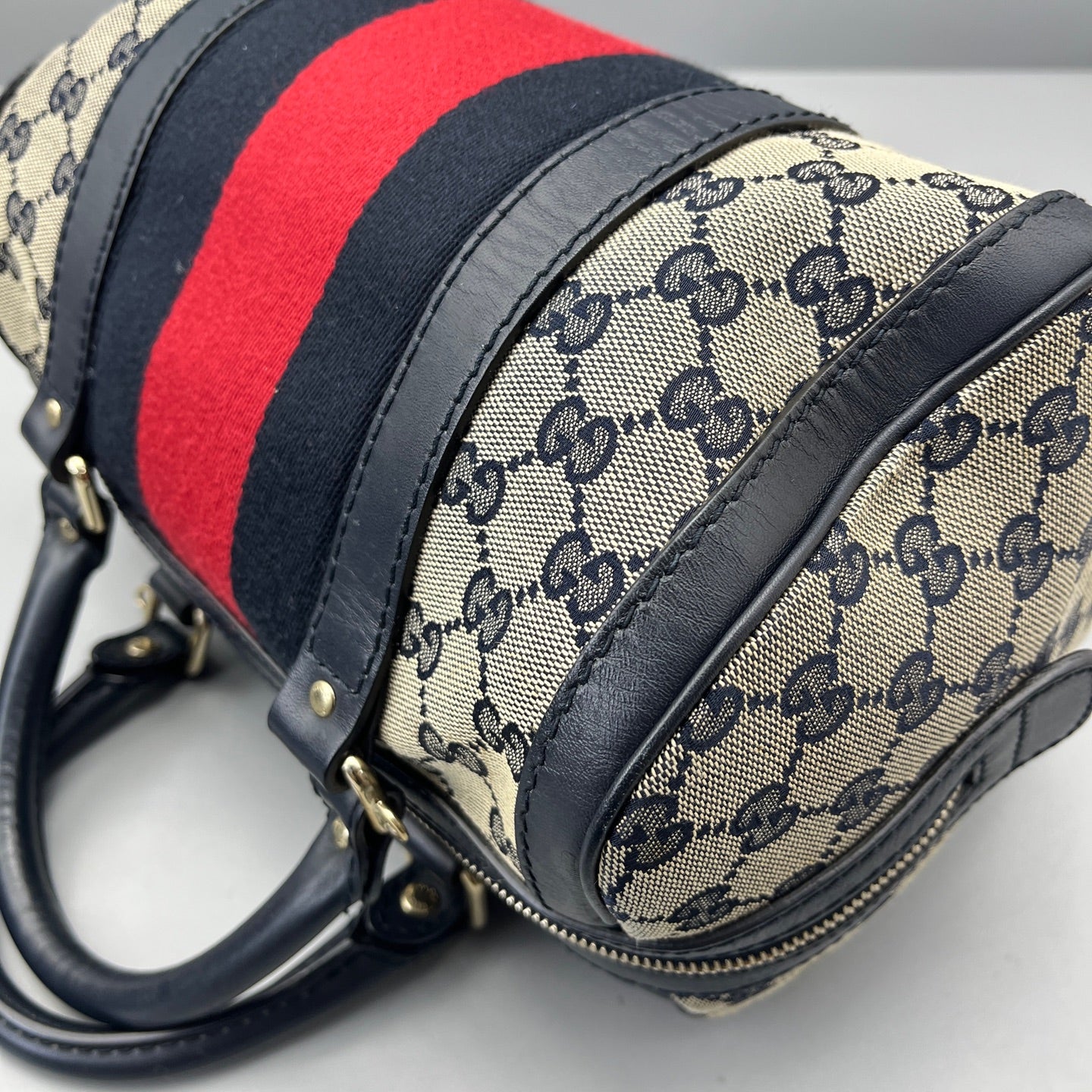 Gucci - GG Monogram Boston Bag with Web Stripe - Canvas with Leather trim - Beige and Blue - (Small)