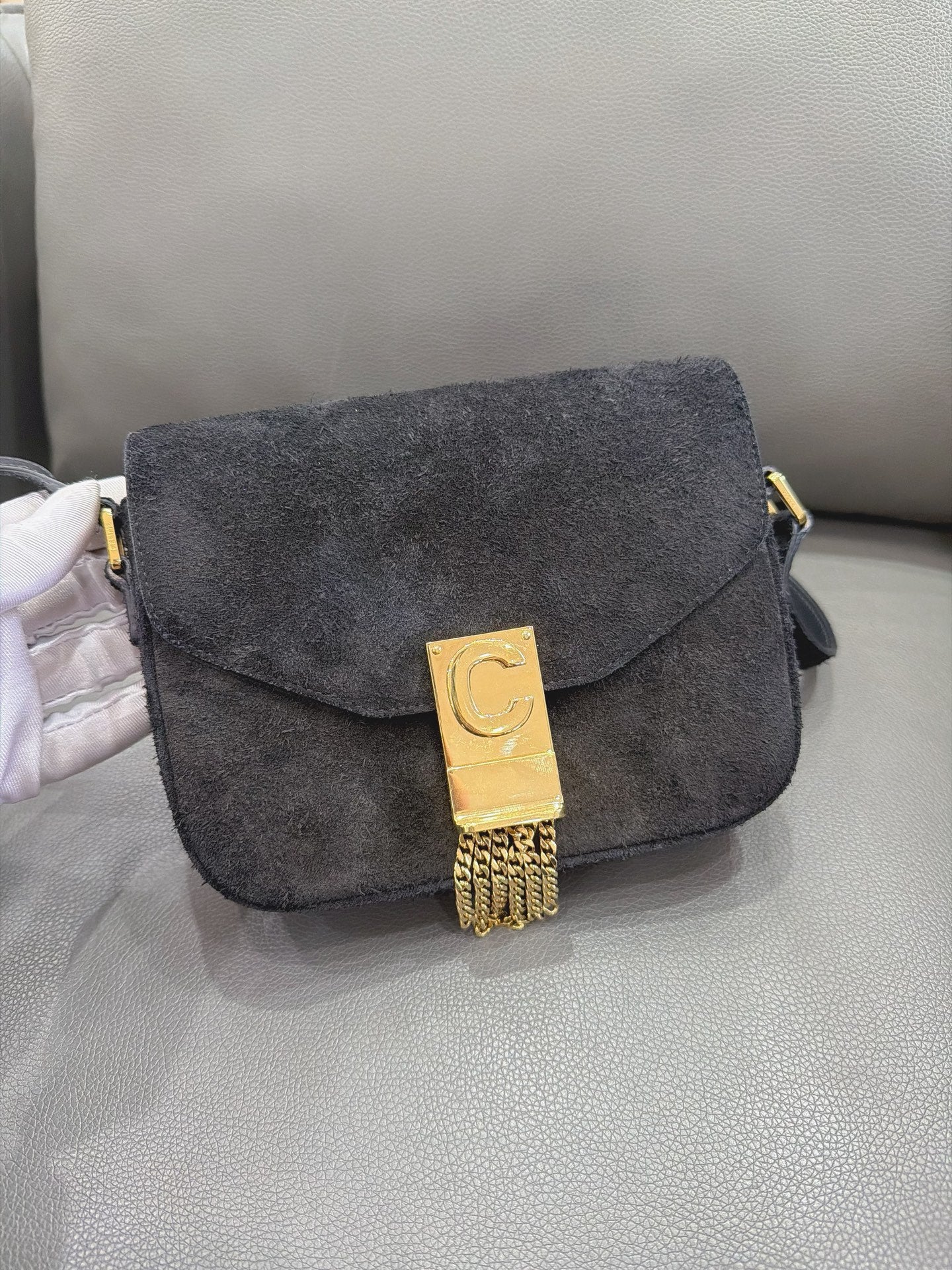 Celine - C Charm Messenger Bag - Suede - Black - (Small)