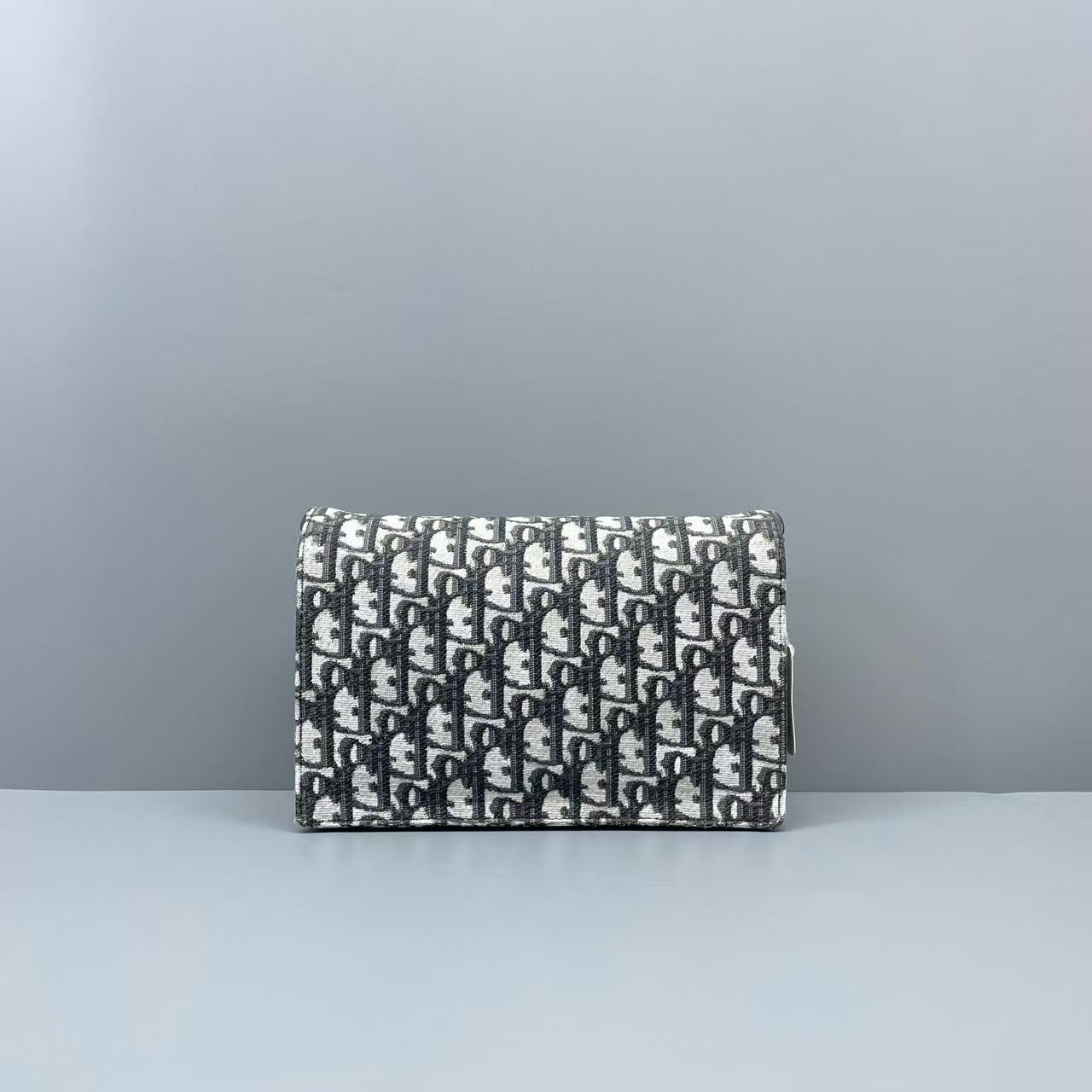 Dior - Saddle Wallet on Chain (WOC) - Oblique canvas with black calfskin leather trim - Black and White - (mini)