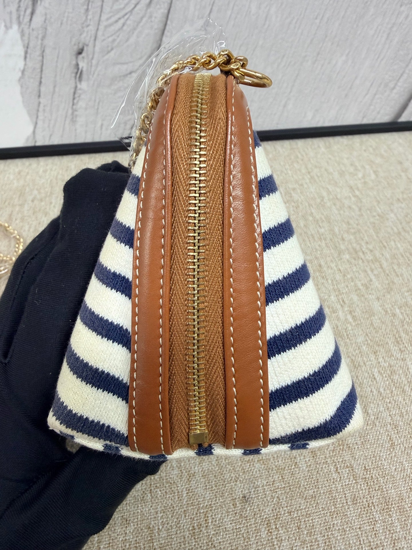 Celine - Triomphe Nautical Stripe Clutch on Chain - Canvas and Leather - Blue, White, Brown - (Mini)