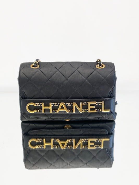 Chanel - Letter Logo Chain Flap Bag - Calfskin leather - Black - (small)