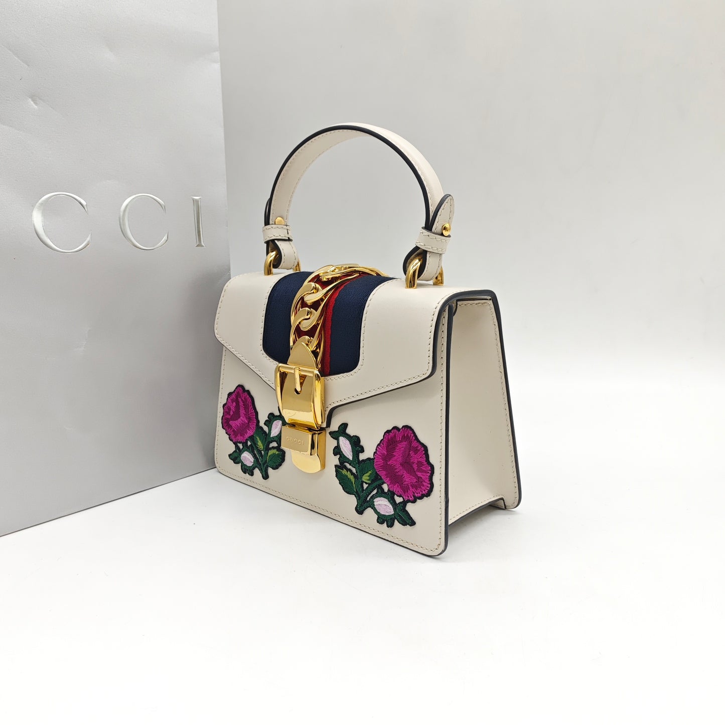 Gucci - Sylvie Small Floral Embroidered - Leather - White - (small)