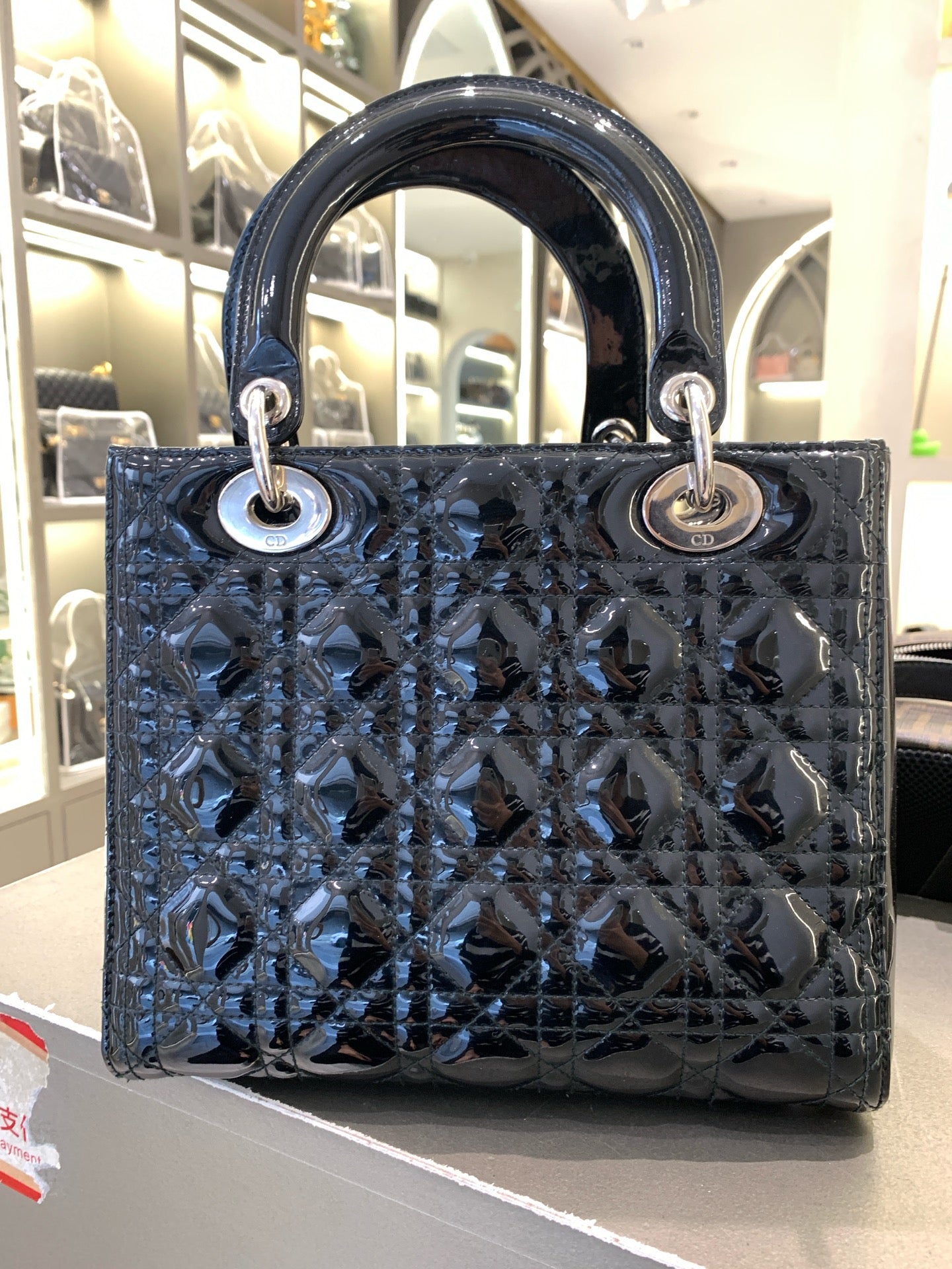 Dior - Lady Dior (5-Grid/Cannage) - Patent leather - Black - (Medium)