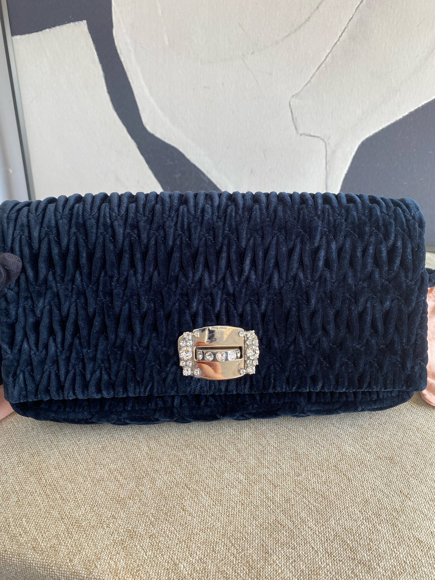Miu Miu - Matelassé Velvet Crystal Shoulder Bag - Velvet - Blue - (small)
