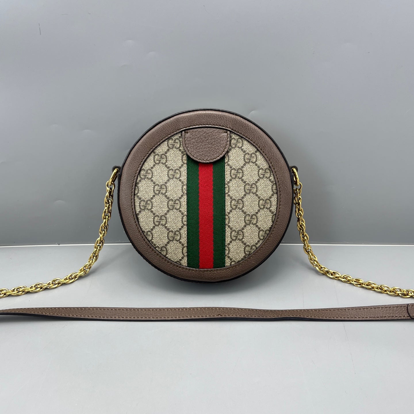 Gucci - Ophidia Round Shoulder Bag - GG Supreme canvas with leather trim - Beige and Brown with Red and Green accents - (mini)