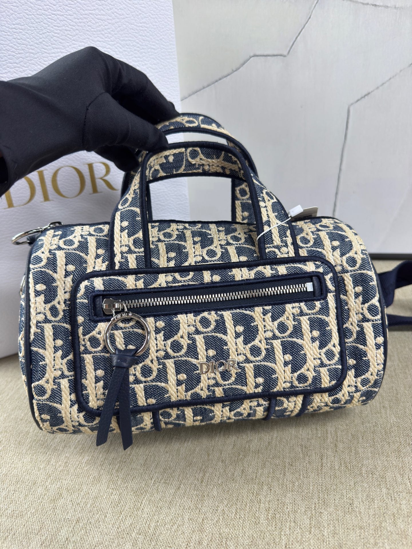 Dior - Dior Oblique Denim Cylinder Bag - Denim with leather trim and embroidery - Blue - (mini)