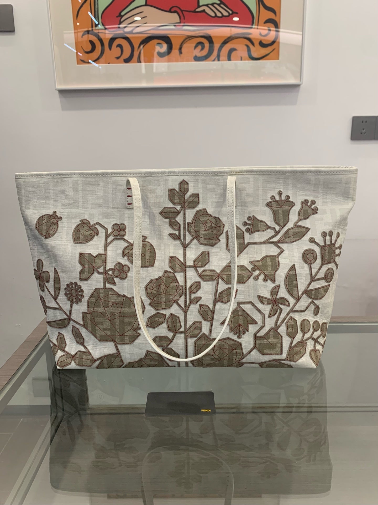 Fendi - FF Monogram Floral Embroidered Tote - Coated canvas and embroidery - White with Brown and Red accents - (medium)