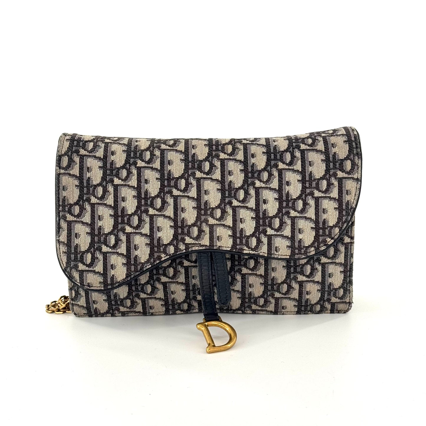 Dior - Saddle WOC (Wallet on Chain) - Dior Oblique Jacquard Canvas with Leather Trim - Navy and Beige - (large)