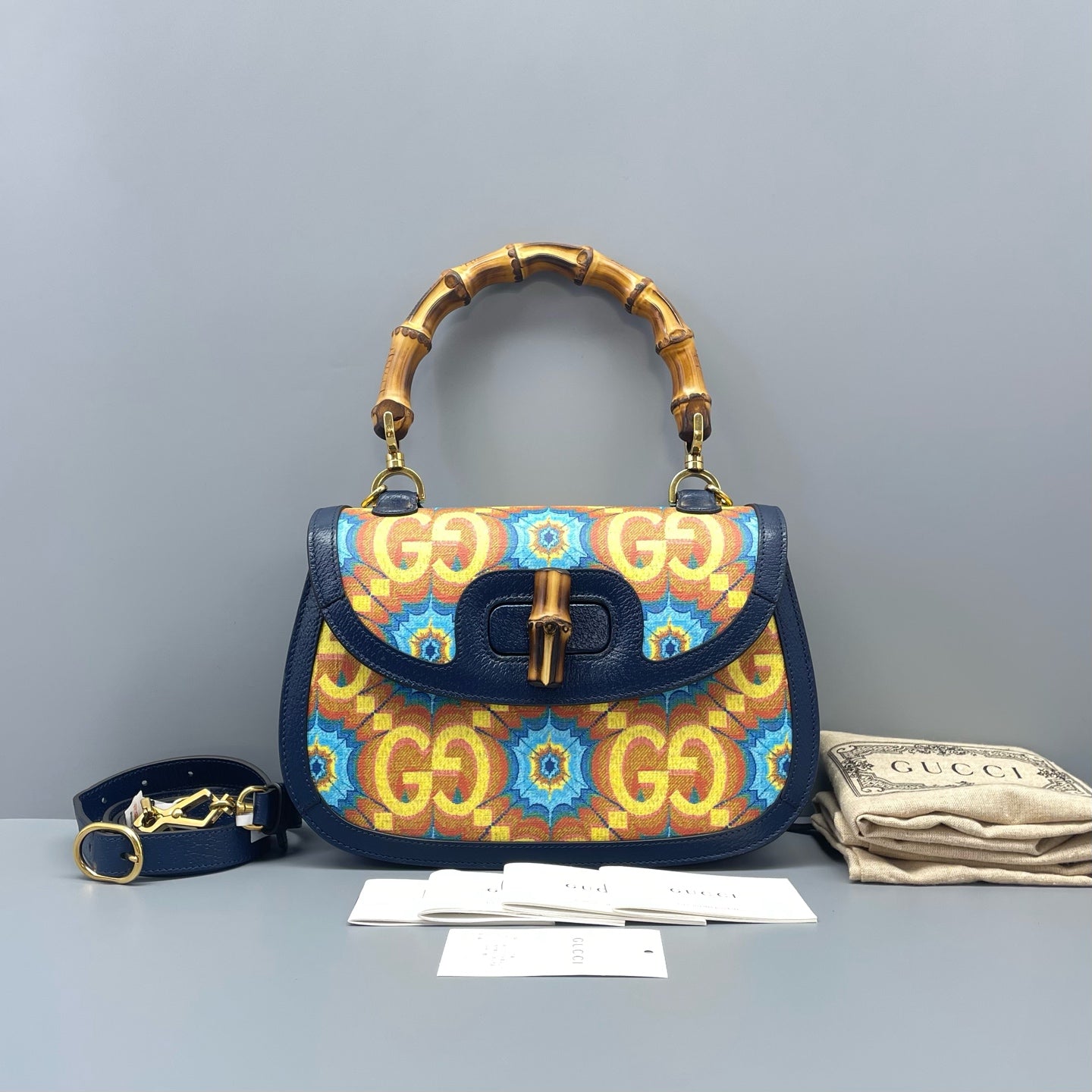 Gucci - 100th Anniversary Limited Edition Bamboo Bag - Canvas with Leather Trim and Bamboo Handle - Multicolour with Navy Trim - (medium)