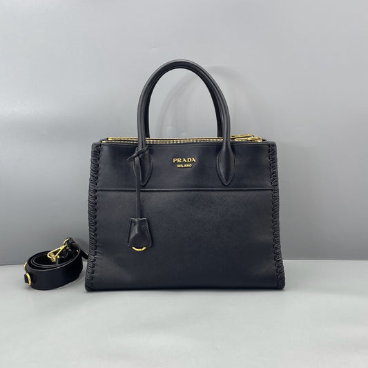 Prada - Saffiano Leather Tote with Laced Details - Leather - Black - (Medium)